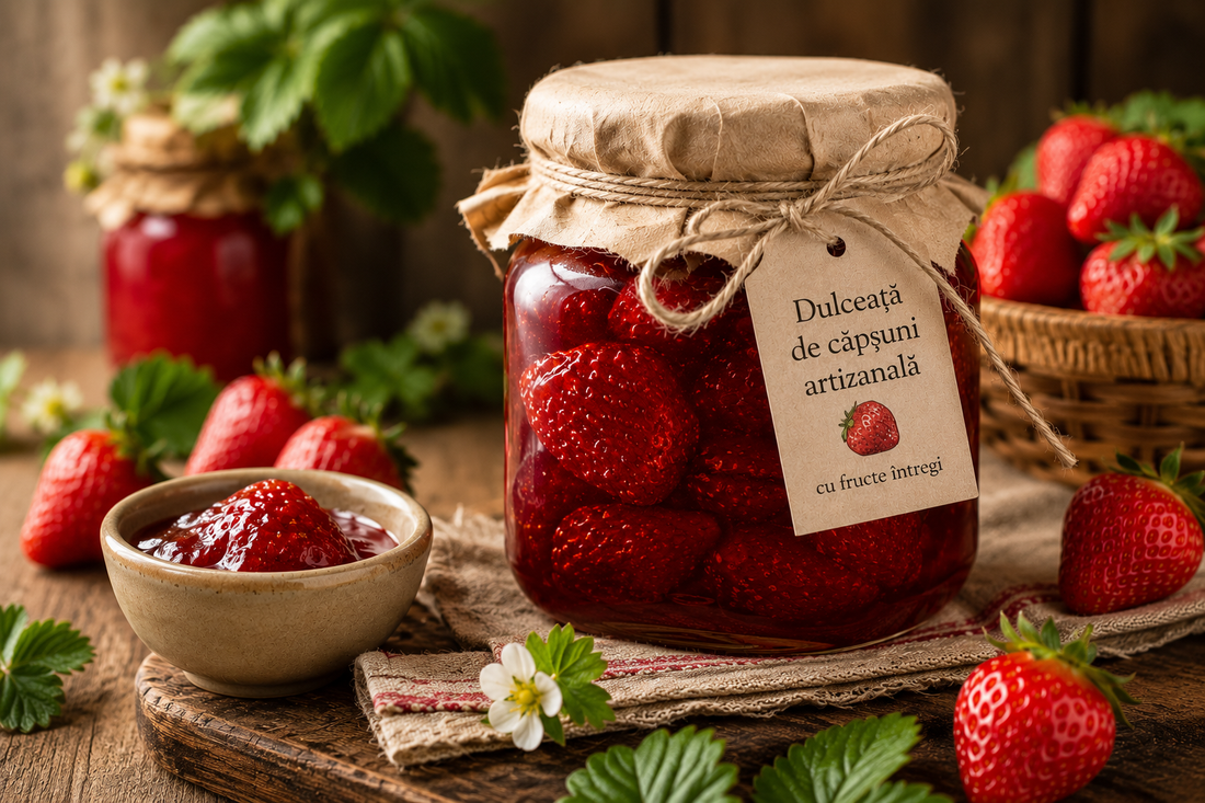 Borcan de dulceață de căpșuni artizanală cu fructe întregi, Bacanalia