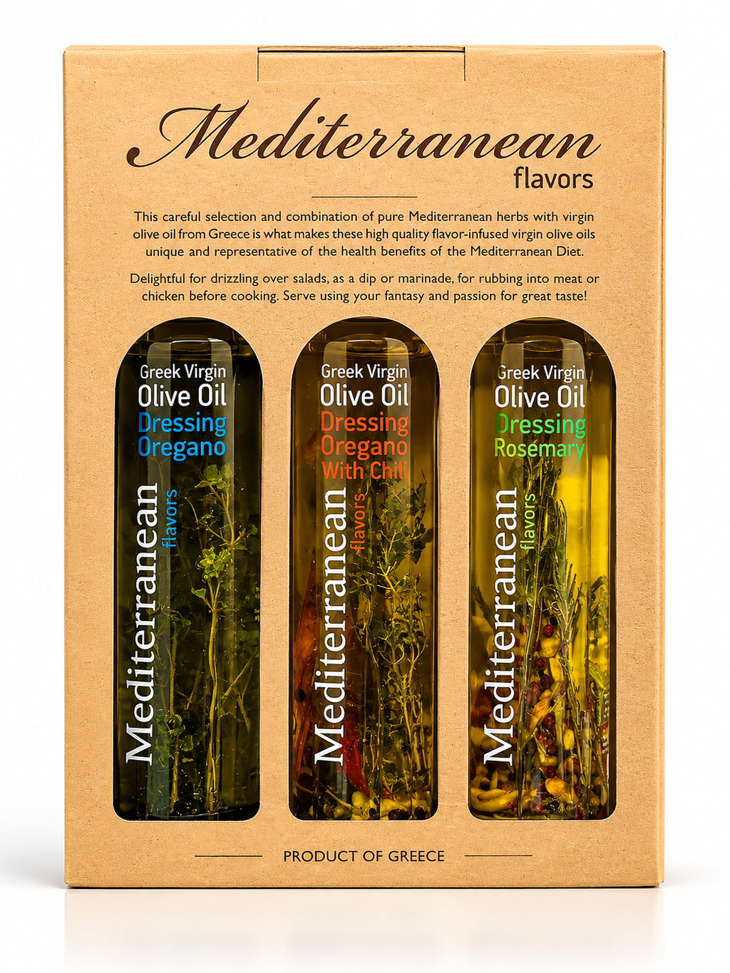 Set Cadou Ulei de Măsline Infuzat Mediterranean Flavors – Oregano, Chili & Rozmarin, Grecia