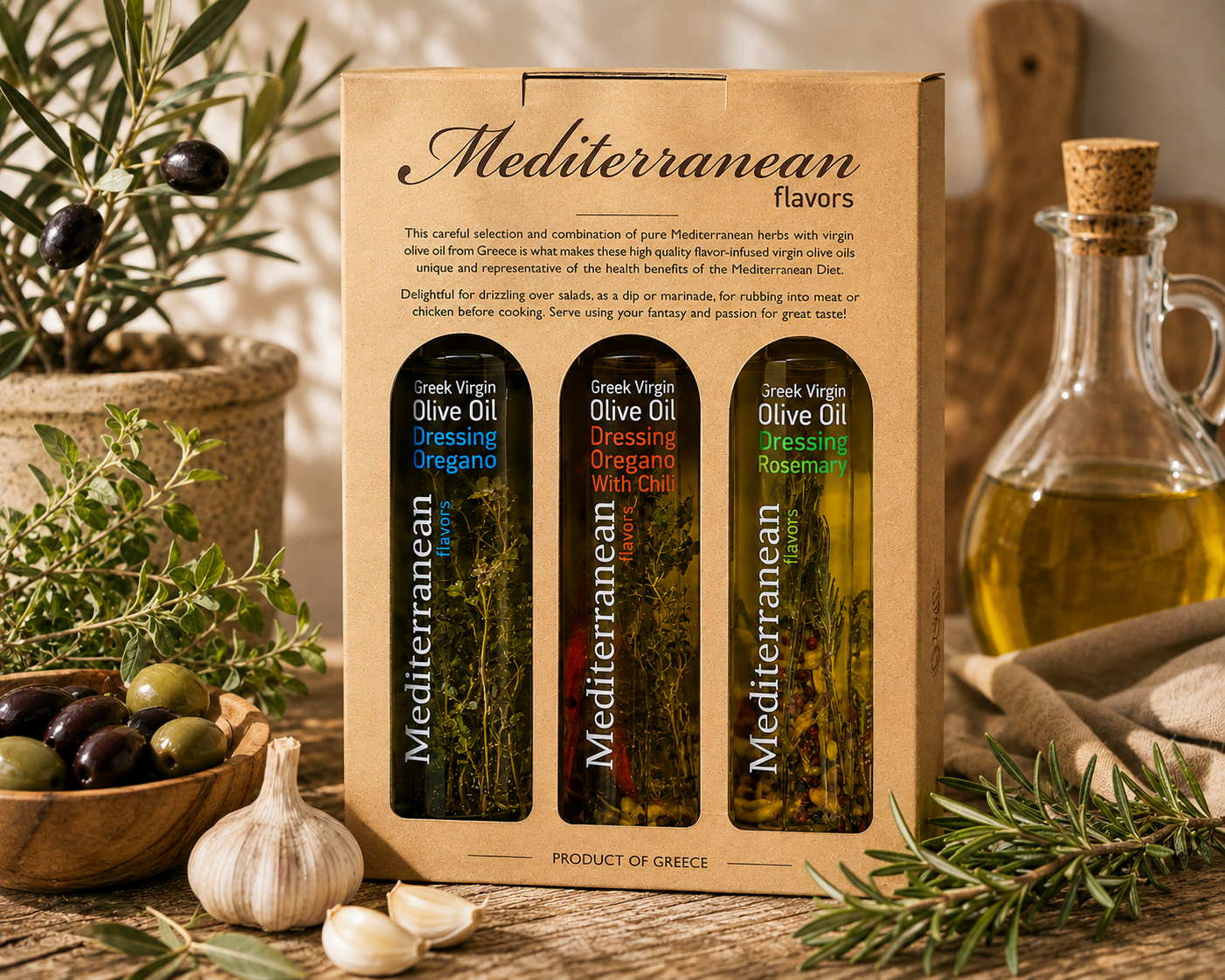 Set Cadou Ulei de Măsline Infuzat Mediterranean Flavors – Oregano, Chili & Rozmarin, Grecia