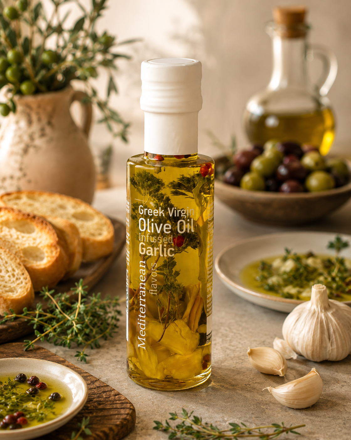Dressing Mediterranean Flavors cu ulei virgin de măsline și usturoi, produs gourmet grecesc, 100ml