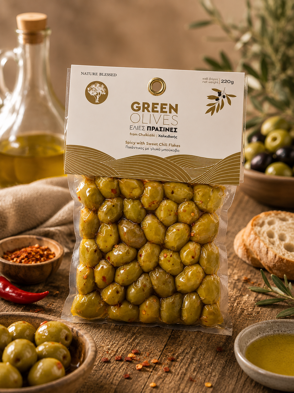 Măsline Verzi Nature Blessed cu Fulgi de Chili Dulce 220g
