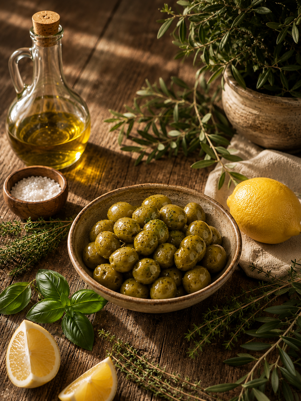Măsline Verzi Nature Blessed cu Busuioc, Cimbru și Lămâie 220g