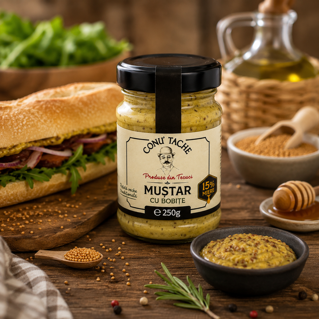 Conu' Tache Muștar cu Bobițe și Miere, 250 g