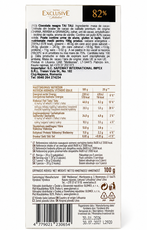Ciocolata  82% cacao - 100g  Exclusive Collection Tai Tau