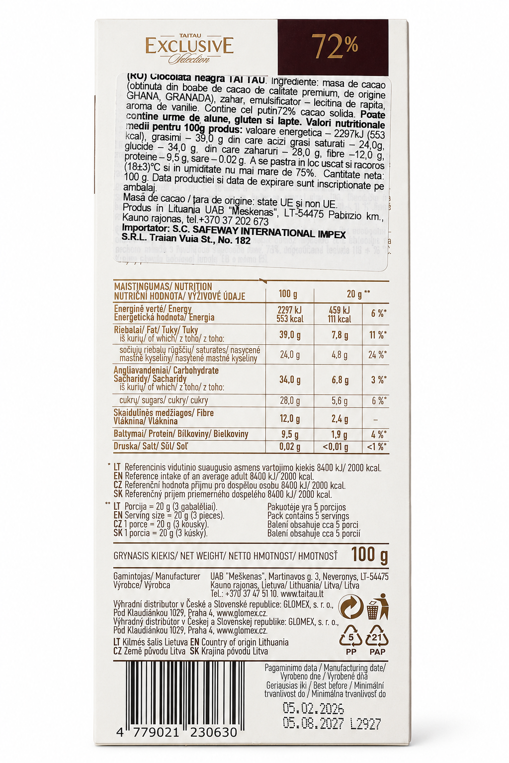 Ciocolată neagră 72% cacao, 100 g Taitau Exclusive Collectio