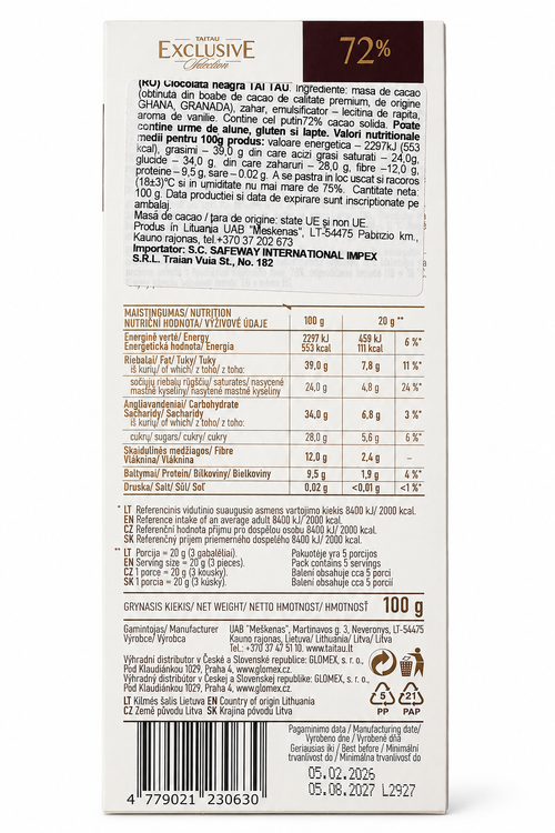 Ciocolată neagră 72% cacao, 100 g Taitau Exclusive Collectio