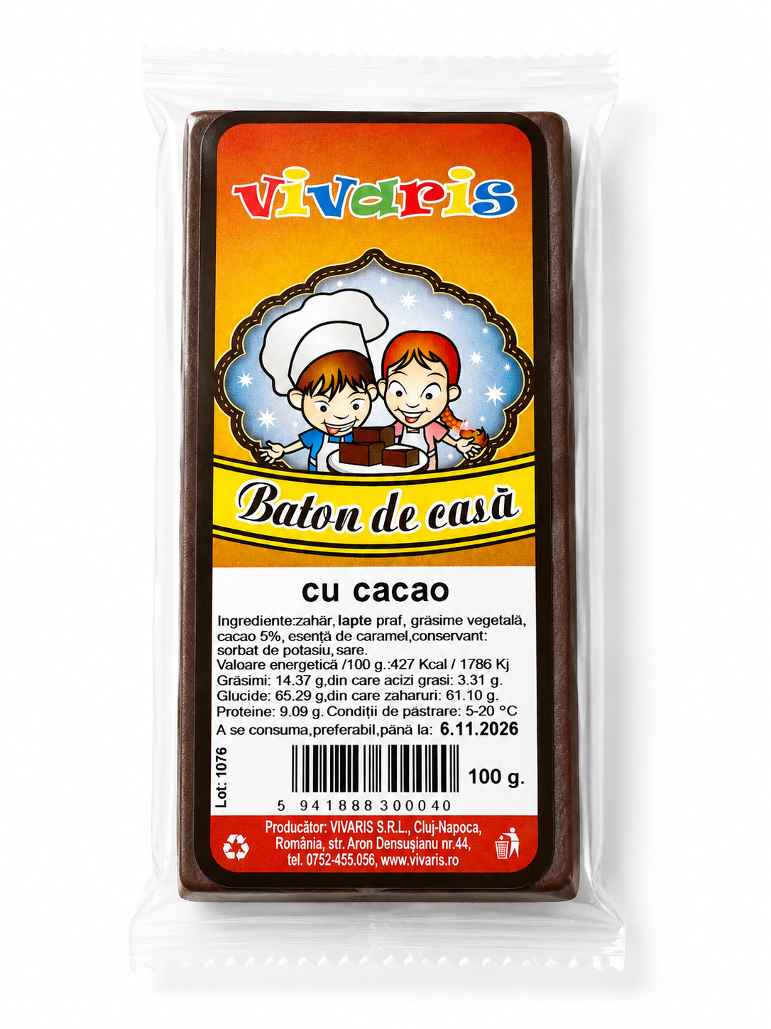 Baton de casă cu cacao VIVARIS, 100 g