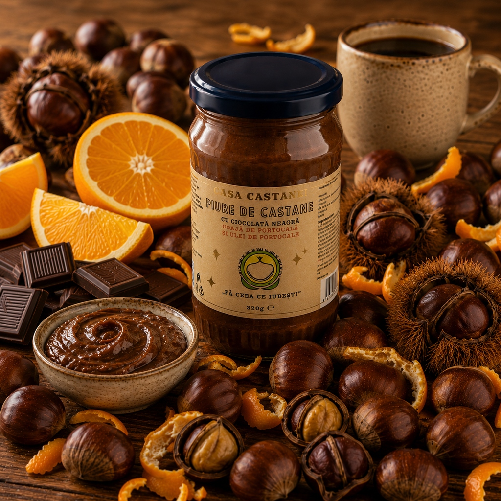 Piure de castane cu ciocolata neagra,coaja de portocala si ulei de portocale 320gr - Casa Castanei