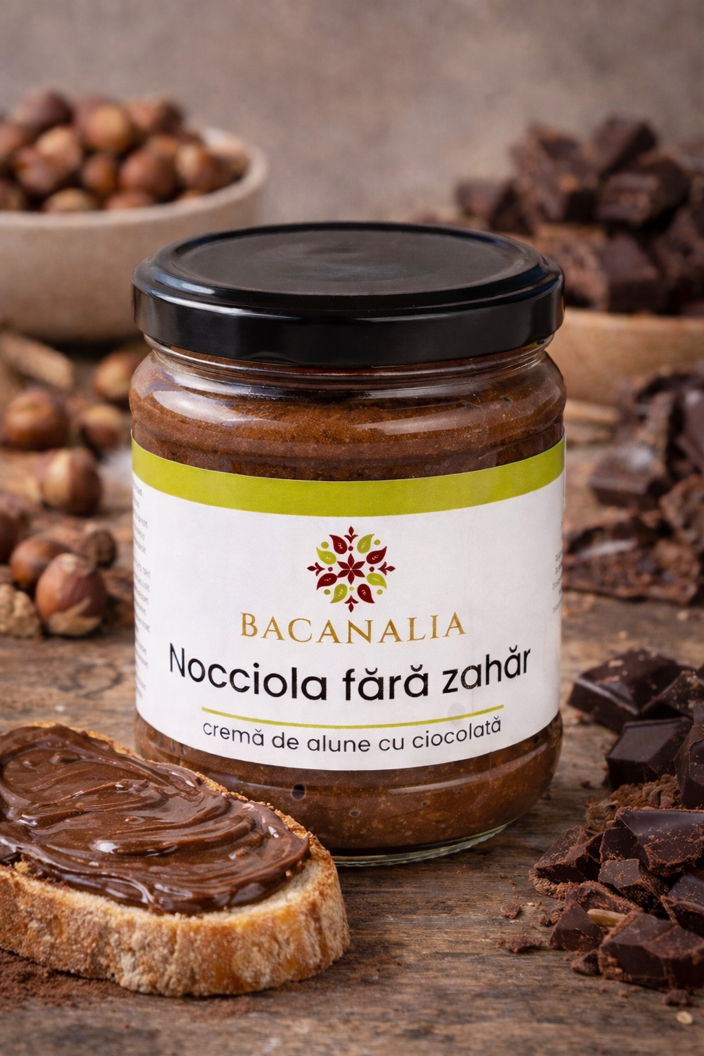 Cremă de alune cu ciocolată fără zahăr BACANALIA Nocciola, 170g, fără zahăr adăugat
