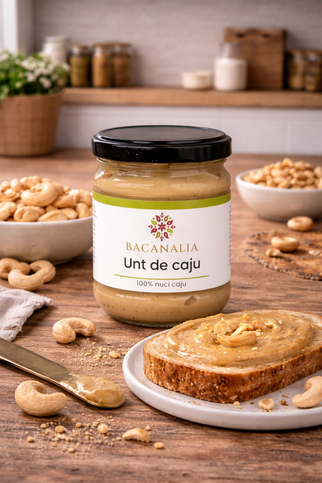 Unt de caju 100% BACANALIA, 170g, cremă naturală din caju, fără zahăr adăugat