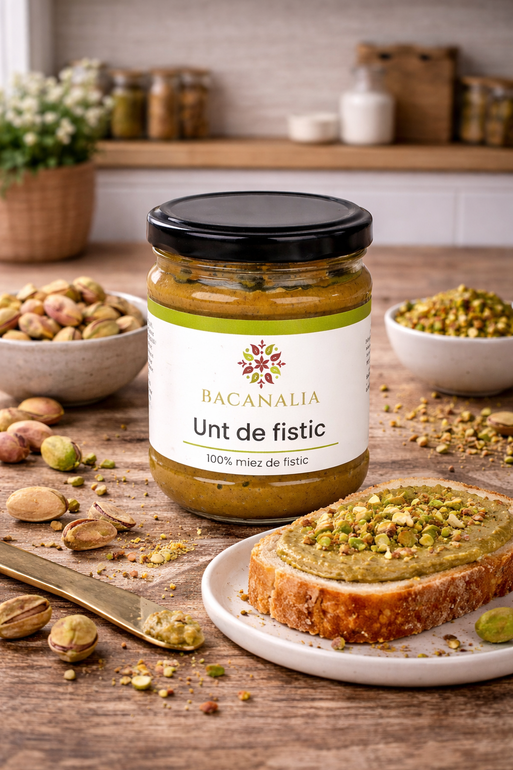 Unt de fistic 100% BACANALIA, 170g, cremă naturală din fistic, fără zahăr adăugat