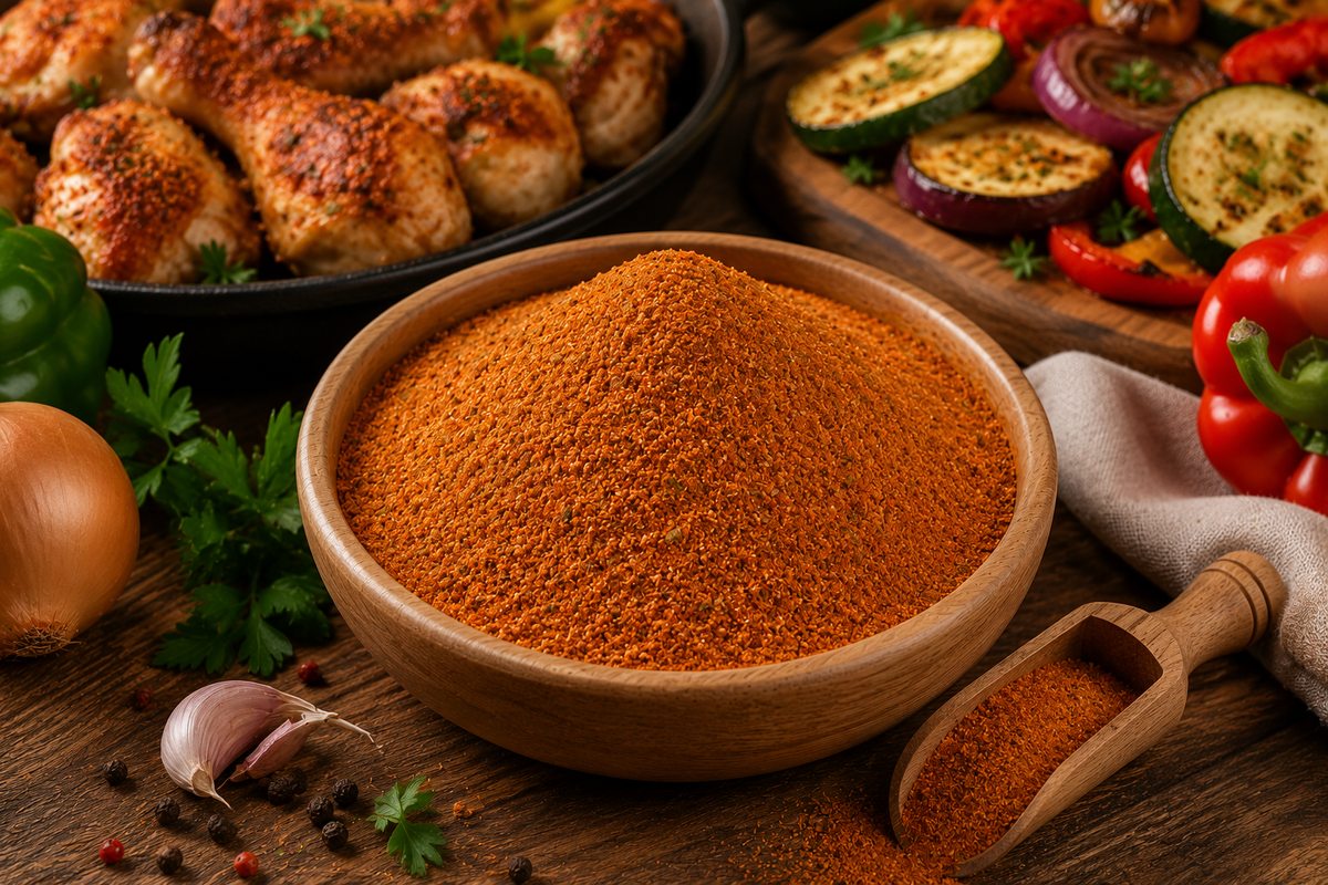 Adobo mix în castron, lângă legume și carne pregătite pentru gătit