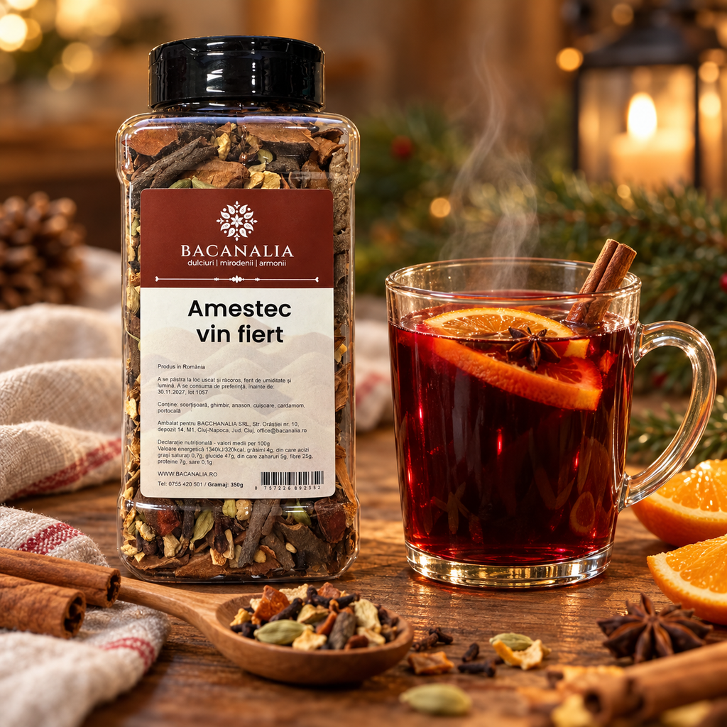 Amestec vin fiert Bacanalia 350 g alături de o cană cu vin cald, portocală și condimente