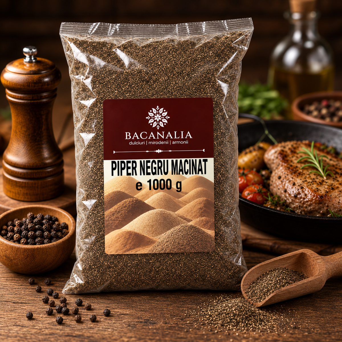Piper negru măcinat Bacanalia 1 kg în decor culinar