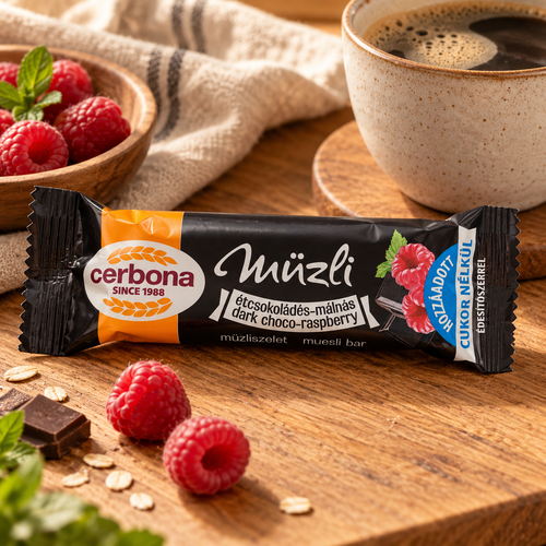 Baton musli Cerbona cu ciocolată neagră și zmeură, snack
