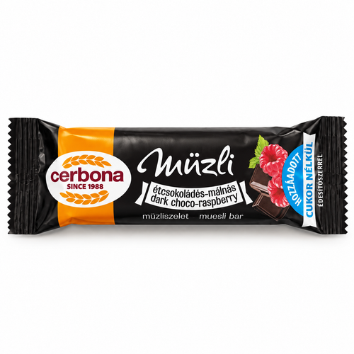 Baton musli cu ciocolată neagră și zmeură fără zahăr adăugat Cerbona 20 g