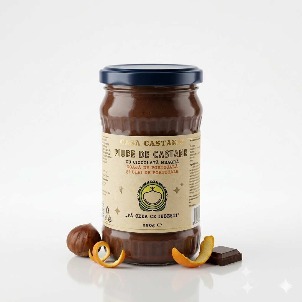 Piure de castane cu ciocolata neagra,coaja de portocala si ulei de portocale 320gr - Casa Castanei