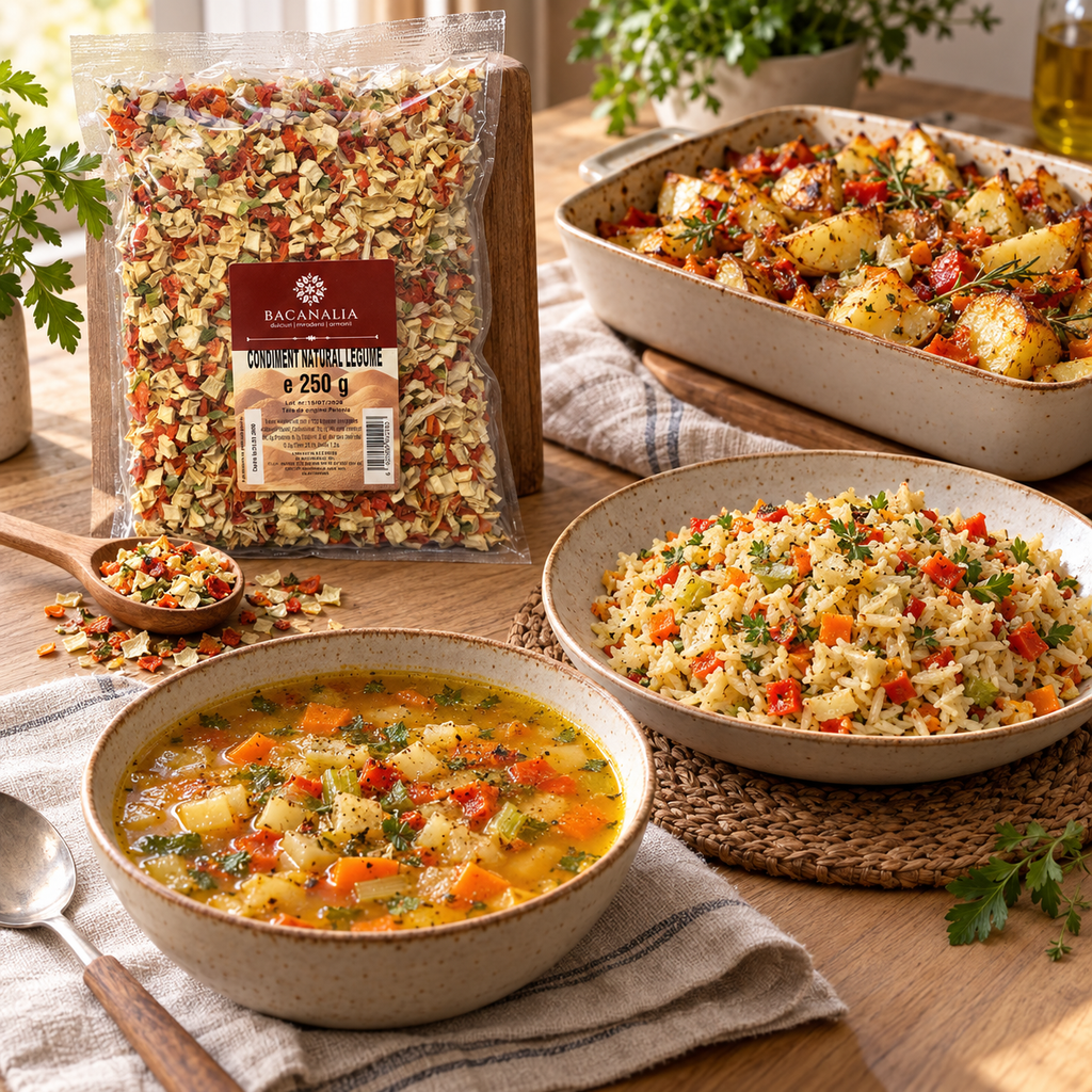 Condiment natural legume Bacanalia 250 g alături de supă de legume, pilaf și cartofi la cuptor