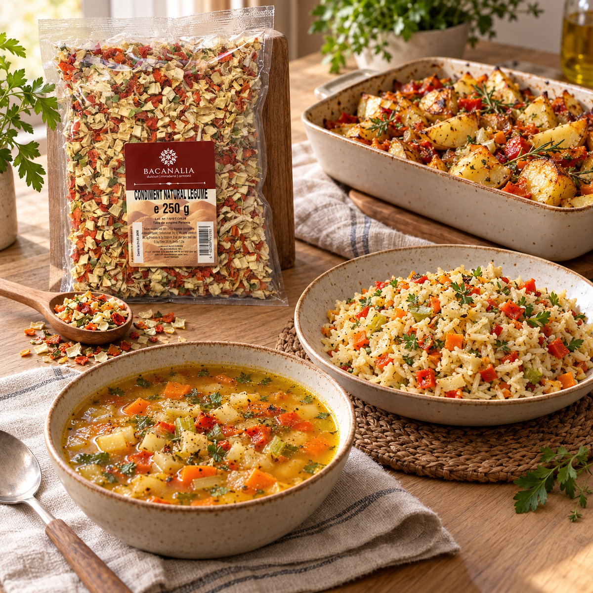 Condiment natural legume Bacanalia 250 g alături de supă de legume, pilaf și cartofi la cuptor