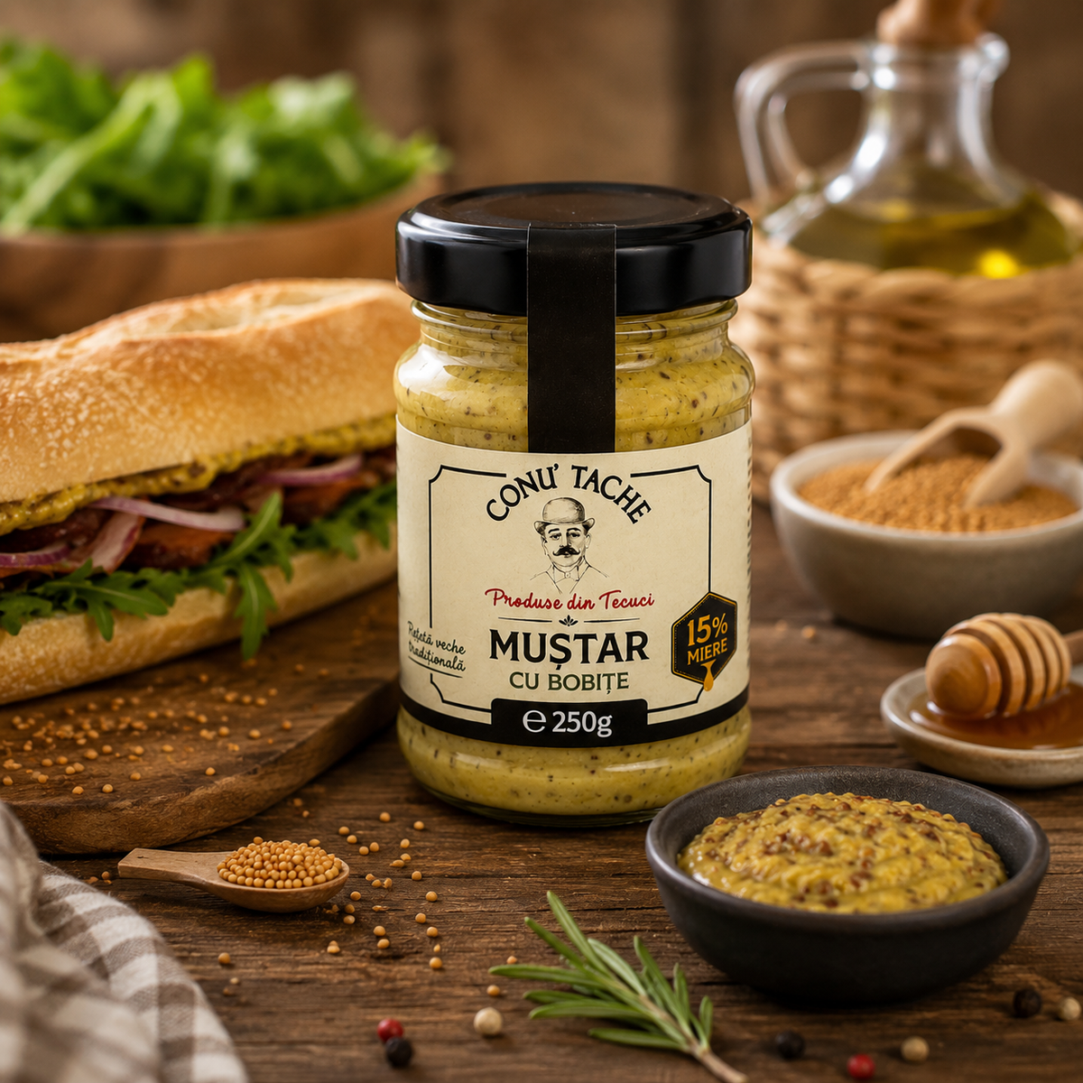 Muștar Conu' Tache cu bobițe și miere lângă sandwich gourmet