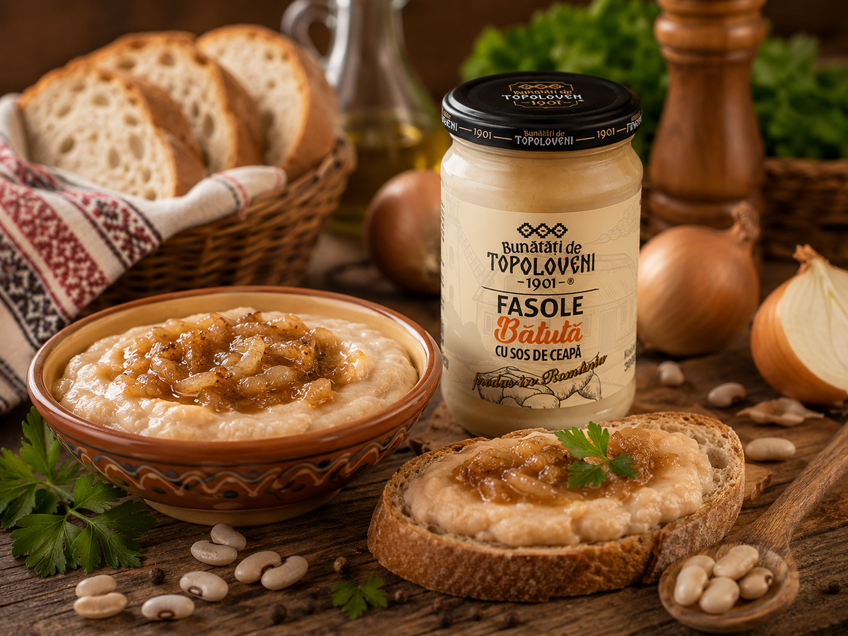 Fasole bătută Topoloveni lângă pâine rustică și murături
