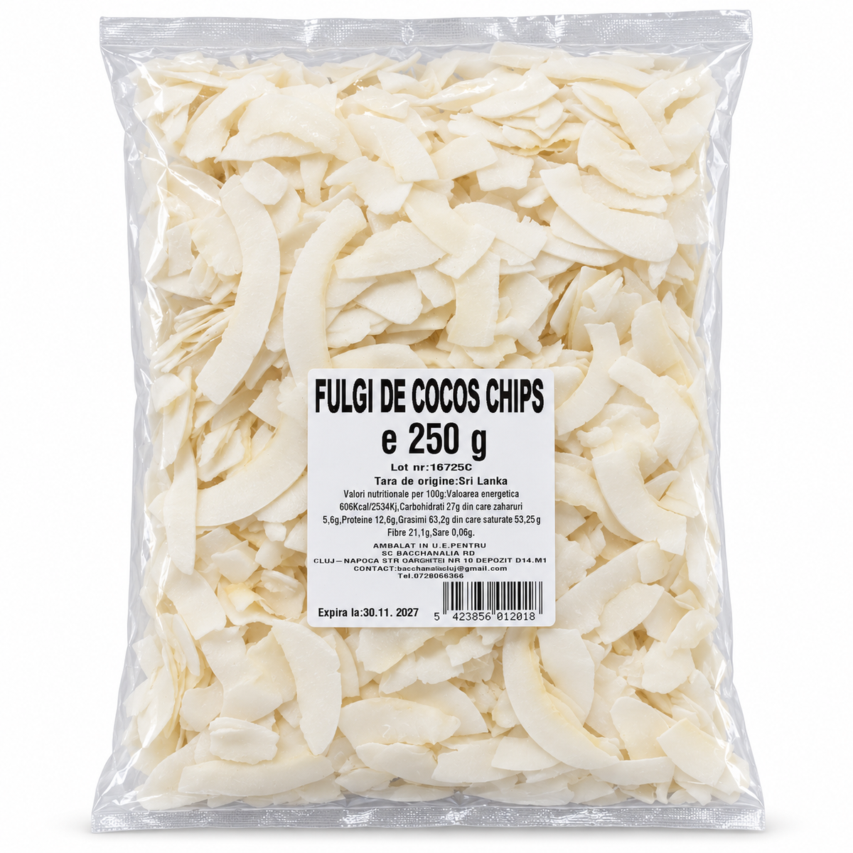 Fulgi de cocos chips 250 g, pungă Bacanalia