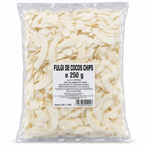 Fulgi de cocos chips 250 g, pungă Bacanalia
