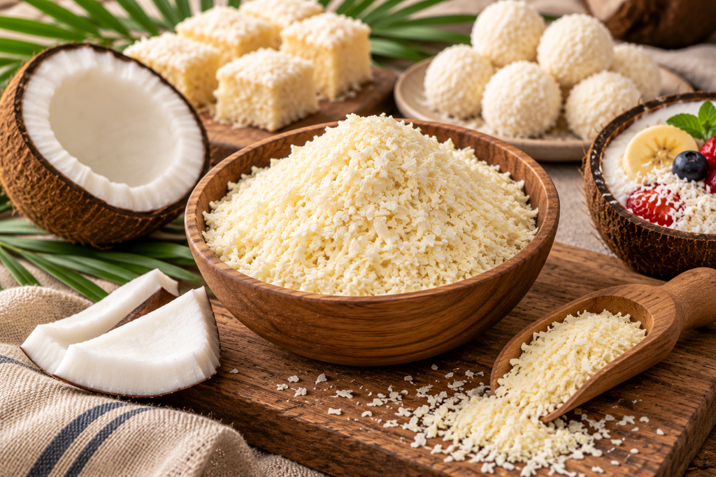 Fulgi de cocos într-un bol, lângă nucă de cocos și produse de cofetărie