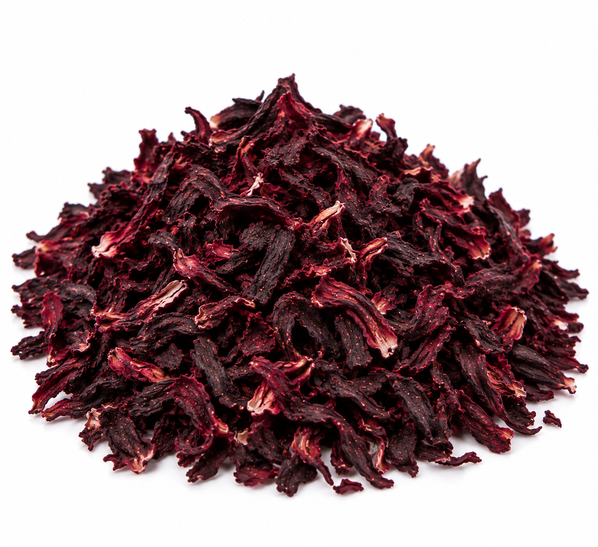 Hibiscus uscat mărunțit, flori roșii-vișinii pe fundal alb