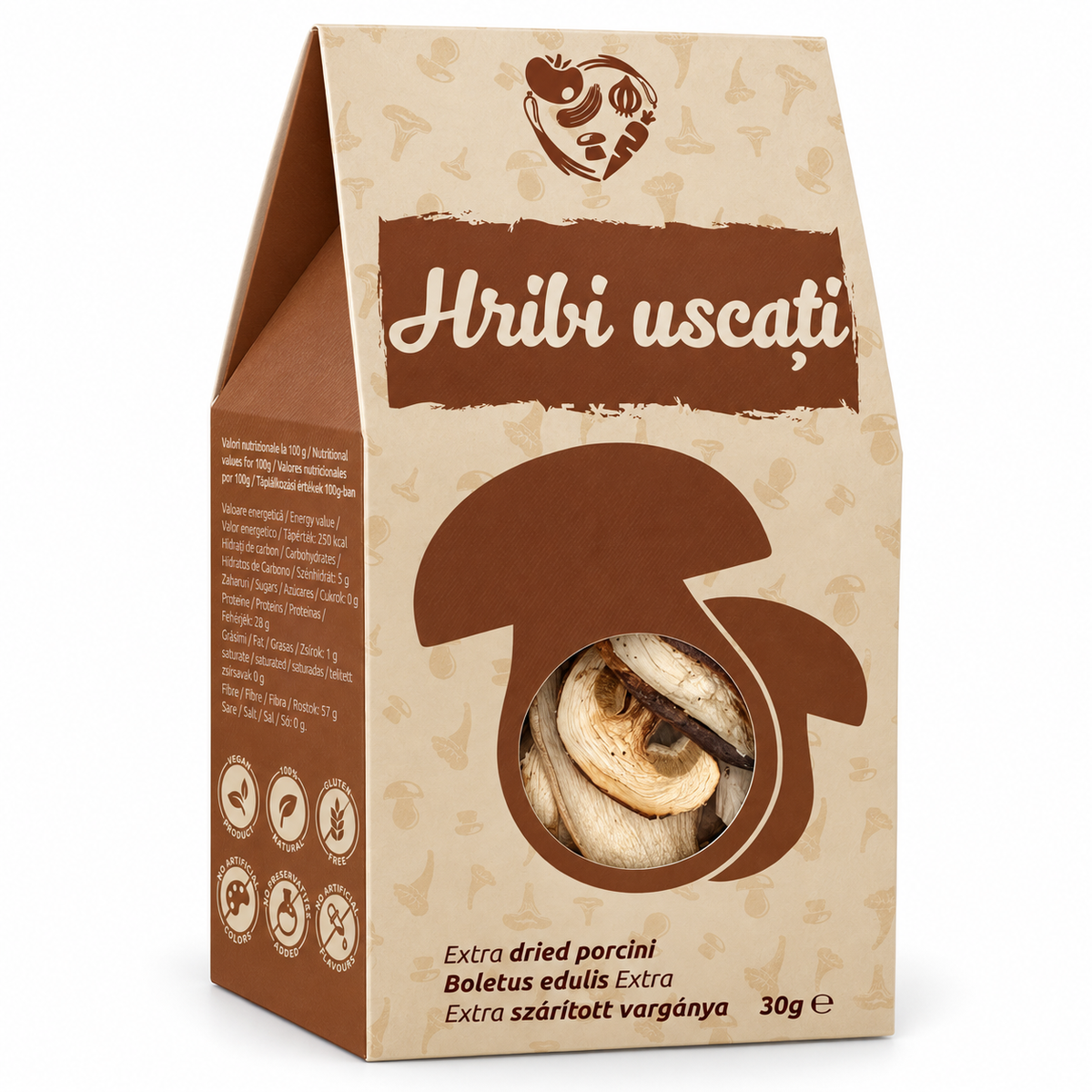 Hribi uscați 30 g – ambalaj pe fundal alb