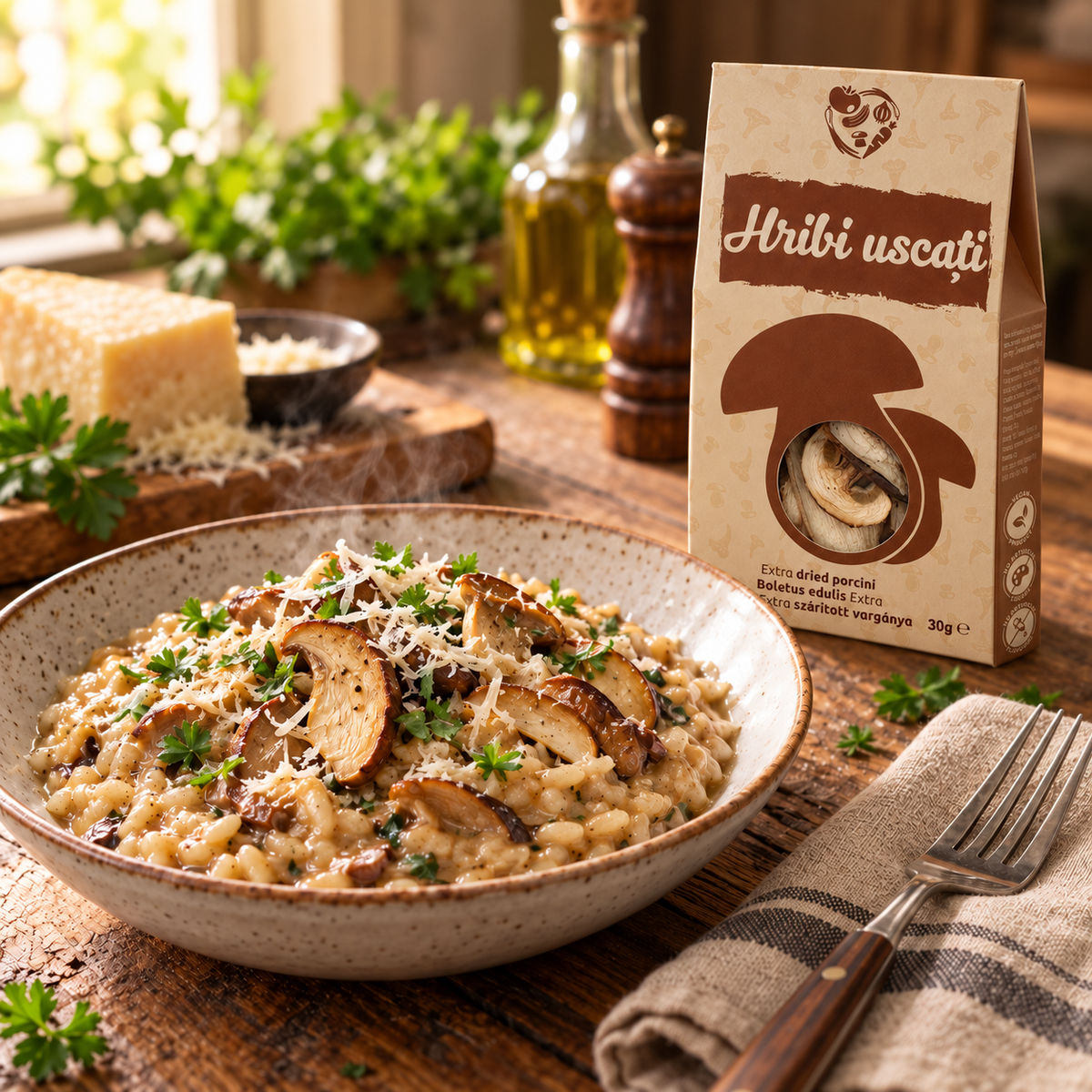 Hribi uscați 30 g, alături de un risotto cu hribi