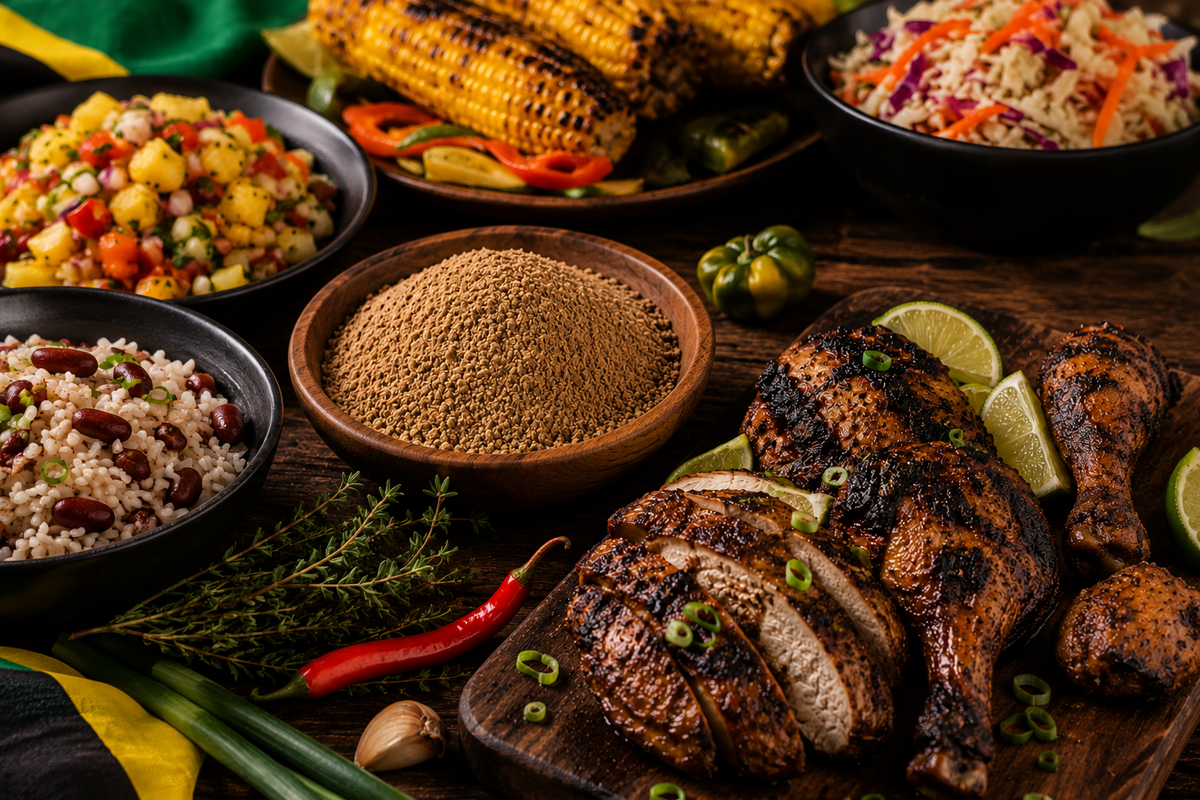 Jamaican jerk într-un bol, lângă preparate la grătar cu carne și legume