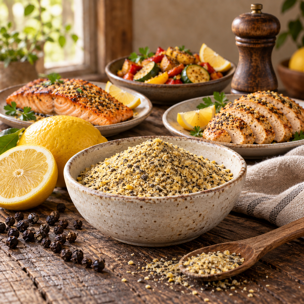 Lemon pepper mix într-un bol, lângă preparate din pește și lămâie