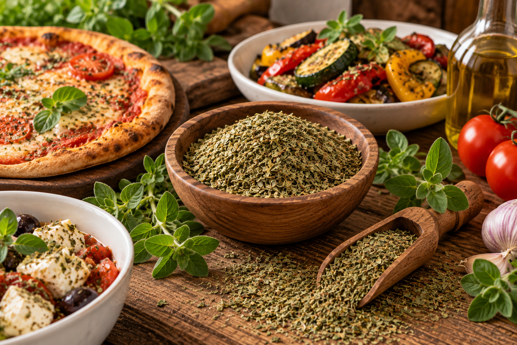 Oregano într-un bol de lemn, lângă pizza, paste și roșii