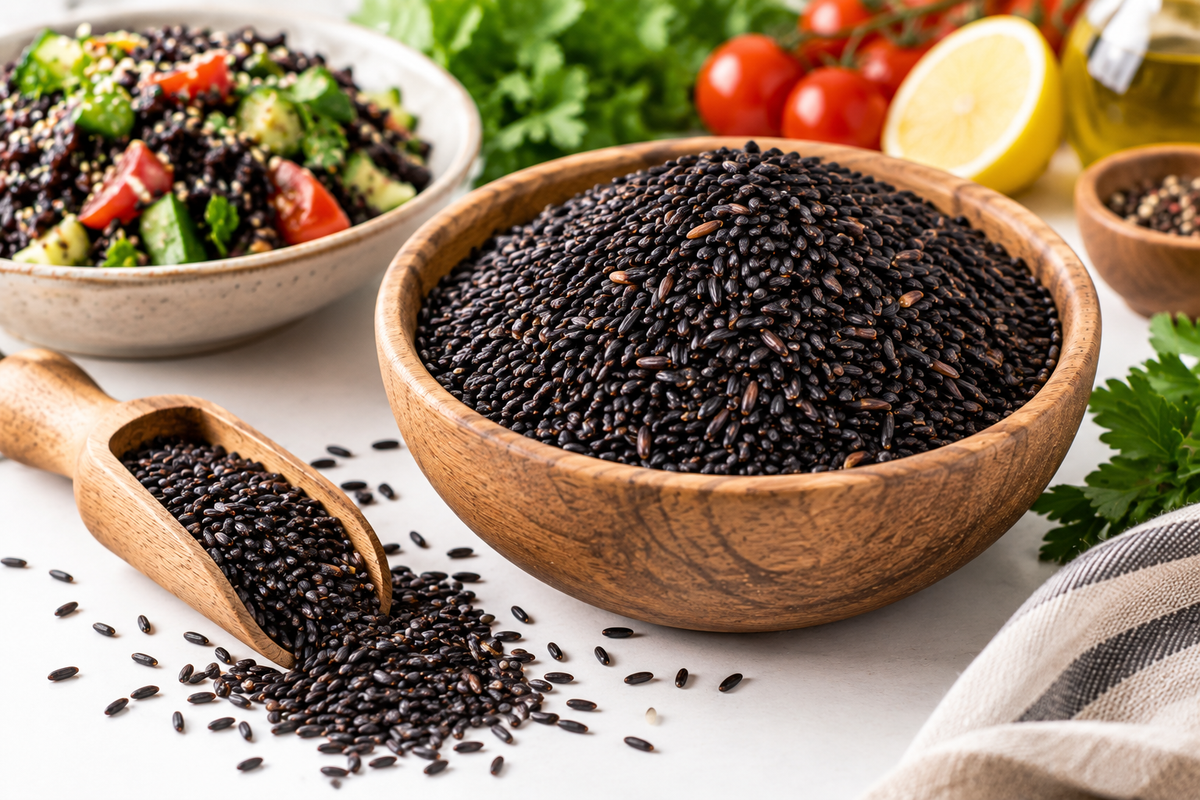 Orez negru gătit într-un bol de lemn, lângă legume și salată