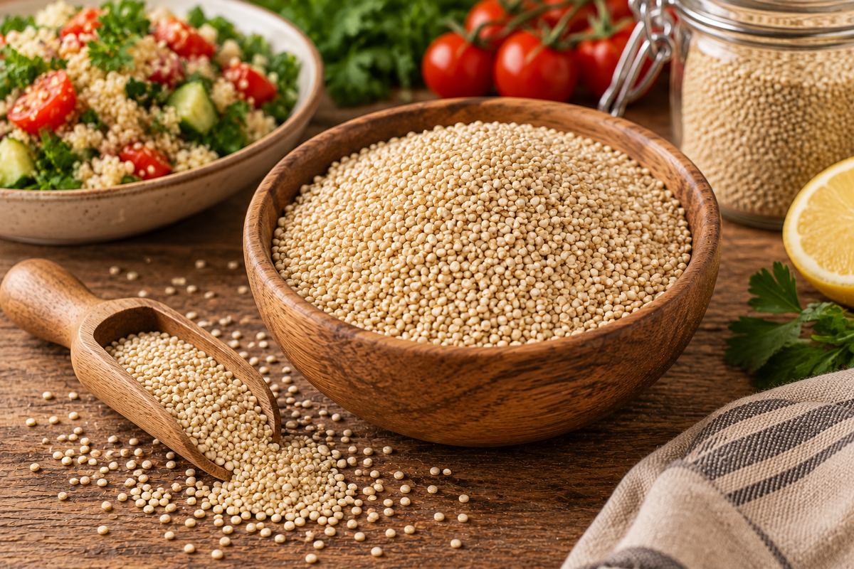 Quinoa albă într-un bol de lemn, lângă salată și roșii