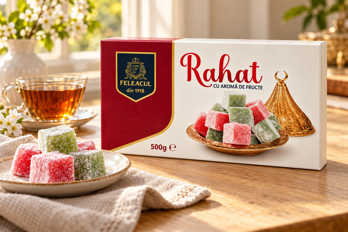 Rahat Feleacul cu aromă de fructe, 500 g, alături de ceai și bucăți de rahat
