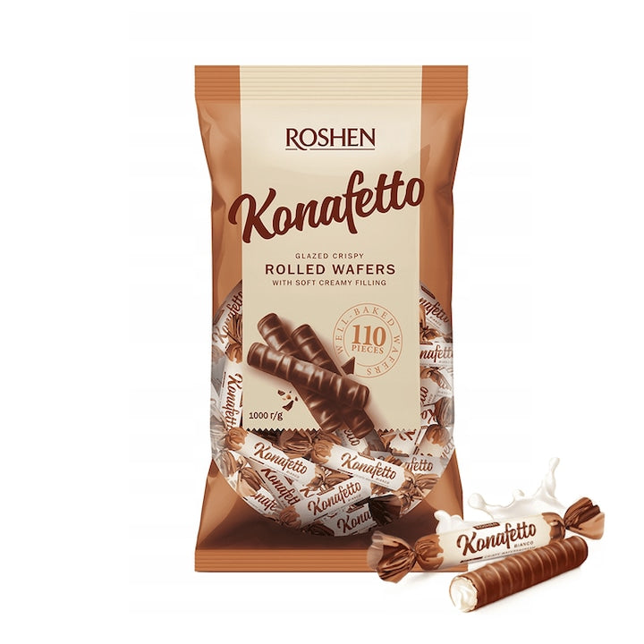 Rulouri de napolitane cu ciocolata si crema de lapte Konafetto Bianco Roshen, 1 kg