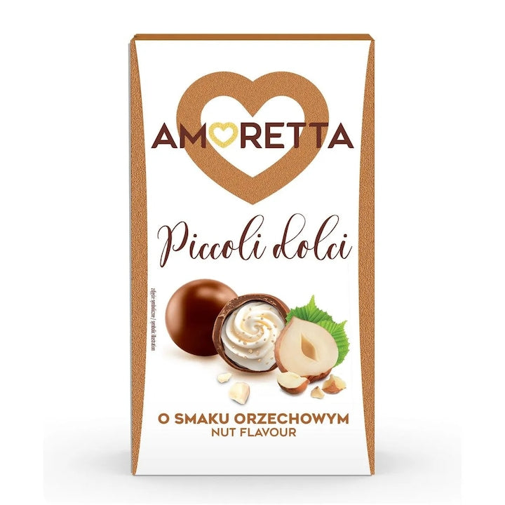Praline cu invelis de ciocolata cu lapte si crema cu aroma de alune Amoretta Piccoli Dolci, 155 g