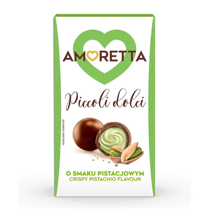 Praline cu invelis de ciocolata cu lapte si crema cu aroma de fistic Amoretta Piccoli Dolci, 155 g