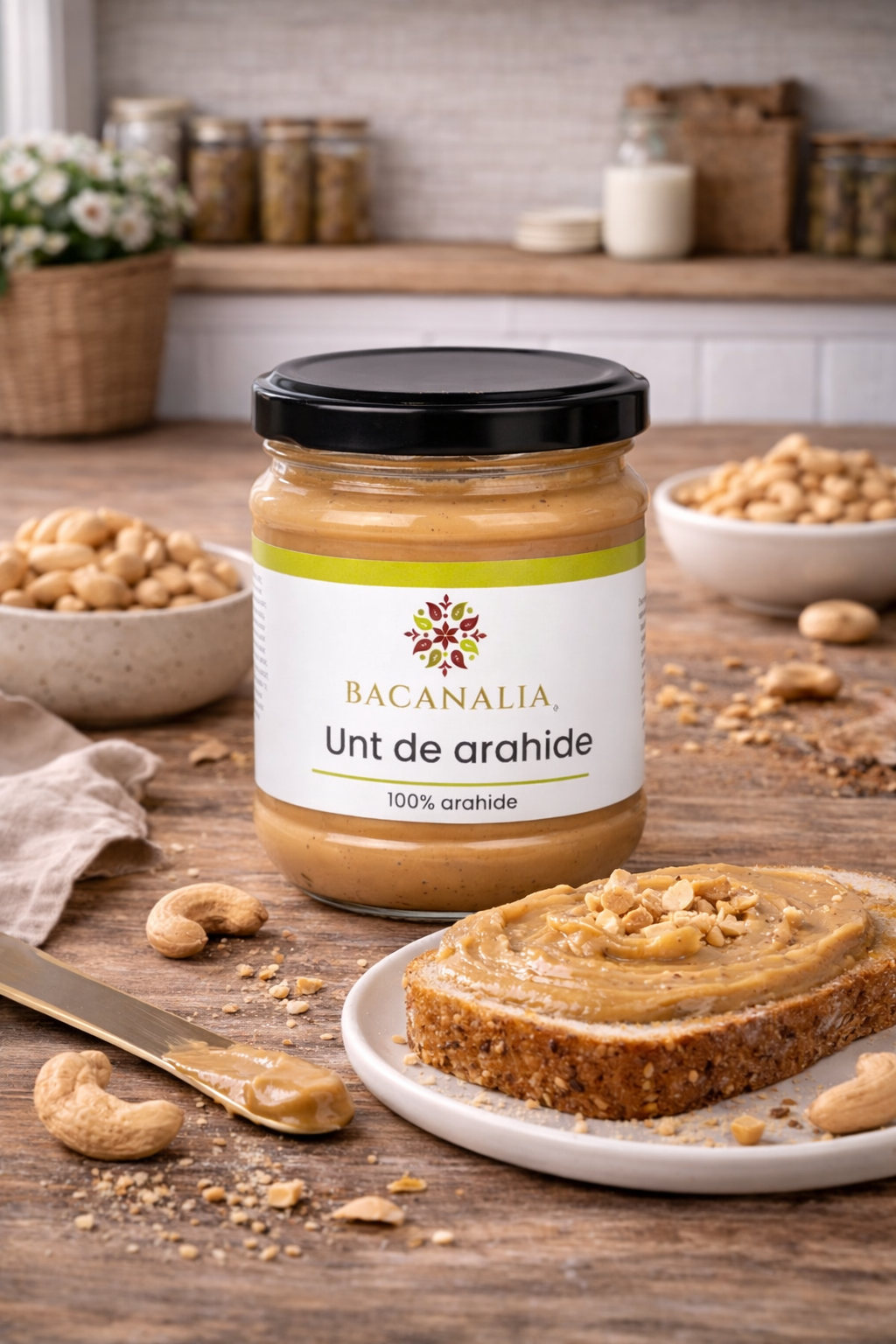 Unt de arahide pe pâine prăjită, lângă arahide