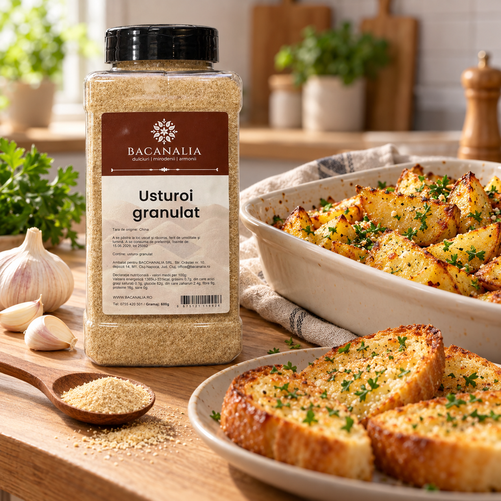 Usturoi granulat Bacanalia cu cartofi la cuptor și pâine cu usturoi