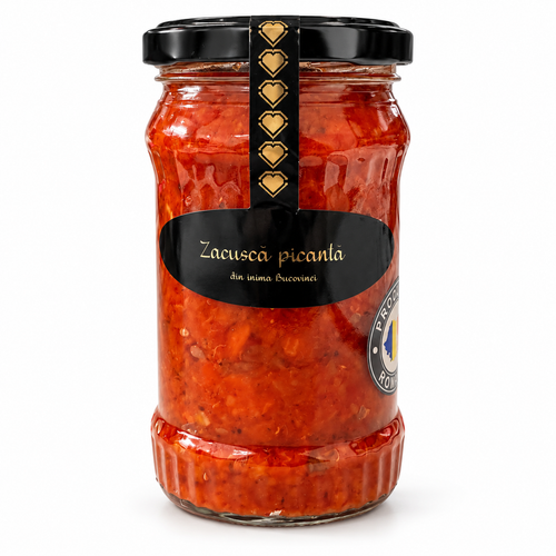 Zacuscă picantă din inima Bucovinei, borcan pe fundal alb